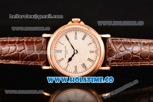 Patek Philippe Calatrava Miyota Quartz Rose Gold Case with White Dial and Black Roman Numeral Markers - Click Image to Close